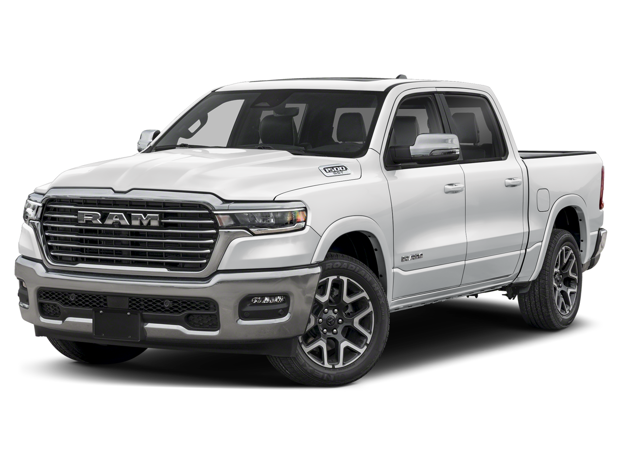 2025 RAM 1500 Laramie Crew Cab 4x4 5'7' Box in White — front three-quarter view